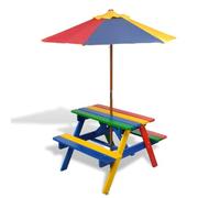 faucqel Mesa de picnic infantil con bancos y sombrilla de madera de abeto, multicolor, 75 x 85 x 52 cm, mesa de jardín para terraza, balcón, exterior, robusta, estable, ahorra espacio
