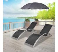 Faucqir Juego de 2 tumbonas de jardín con sombrilla de aluminio negro, con respaldo ajustable, resistentes a la intemperie, resistentes a los rayos UV, ideal para balcón, piscina