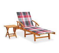 Faucqir Tumbona de jardín de madera maciza de acacia con cojín y mesa plegable, ajustable con ruedas para terraza, balcón, tumbona al aire libre, bienestar, descanso, vacaciones, relax