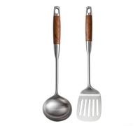 Fauhapyway Juego de utensilios de cocina de acero inoxidable 316L de alta calidad, espátula ergonómica con mango de madera y cucharón de sopa, herramientas de cocina resistentes para freír, 39 x 7,5