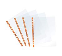 Favorit 400136861 - Fundas transparentes, perforación universal, formato interior 22 x 30 cm, acabado liso, para hojas A4, paquete de 25 unidades, con banda naranja fluorescente