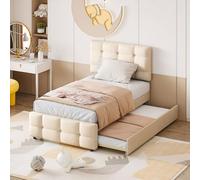 FAYICIC Cama tapizada 90 x 200 cm, cama nido extraíble, cabecero ajustable, tapizado de lino agradable al tacto, cama individual (beige)