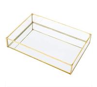Fdit Caja de Almacenamiento de Cosméticos, Organizador de Vidrio con Bordes de Latón y Compartimentos Translúcidos, Acabado Dorado para Tocador o Encimera de Baño (Rectangular, Grande)