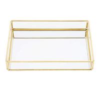 Fdit Caja de Almacenamiento de Cosméticos, Organizador de Vidrio con Bordes de Latón y Compartimentos Translúcidos, Acabado Dorado para Tocador o Encimera de Baño (Rectangular, Mediano)