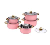 Fdit Juego de Utensilios de Cocina de Acero Inoxidable, Juego de Ollas de 5 Piezas con Tapas de Vidrio que Varían de 16 Cm a 24 Cm para Hervir y Freír a Fuego Lento, Doble Asa de (PINK)