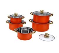 Fdit Juego de Utensilios de Cocina de Acero Inoxidable, Juego de Ollas de 5 Piezas con Tapas de Vidrio que Varían de 16 Cm a 24 Cm para Hervir y Freír a Fuego Lento, Doble Asa de (ORANGE)