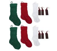 Fdit Paquete de 6 Medias Navideñas de Lana, Juego de Medias Navideñas Tejidas con Etiquetas de Nombre de Madera, Rojo, Blanco, Verde, para Chimenea, árbol, Pared, Regalos de Dulces