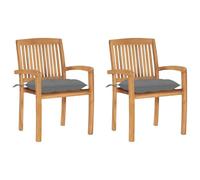Fecpoo 2 sillas de jardín con cojines de madera de teca maciza de color gris, 60 x 57,5 x 90 cm, apilables, resistentes a la intemperie, para terraza y jardín