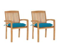 Fecpoo Juego de 2 sillas de jardín con cojines de poliéster azul claro, madera de teca finamente pulida, apilables, para uso interior y exterior