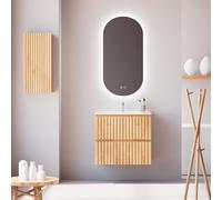 Feel Your Bath Conjunto Mueble Baño 60 cm Roble Nórdico con Encimera Cerámica Blanca Brillo, Espejo Ovalado LED Antivaho, Lavabo, 2 Cajones Soft Close, Diseño Suspendido, Compacto para Baños Pequeños