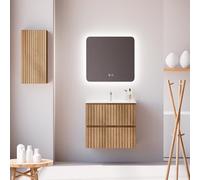 Feel Your Bath Conjunto Mueble Baño 60 cm Roble Viga con Encimera Cerámica Blanca Brillo, Espejo Cuadrado LED Antivaho, Lavabo, 2 Cajones Soft Close, Diseño Suspendido, Compacto para Baños Pequeños