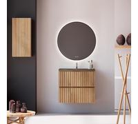 Feel Your Bath Mueble de Baño 60 cm Roble Viga con Encimera Cerámica Negra, Espejo Redondo LED Antivaho, Lavabo Incluido, 2 Cajones Soft Close, Diseño Suspendido, Compacto para Baños Pequeños