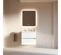 Feel Your Bath Mueble de Baño Lion 60 cm Blanco Brillo con Encimera Blanca Brillo, con Espejo Cuadrado LED Antivaho, Lavabo, 2 Cajones Soft Close, Diseño Suspendido, Compacto para baños pequeños