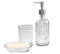FEILANDUO Juego de 3 accesorios de baño de cristal, dispensador de loción y jabón, soporte para cepillo de dientes, jabonera, decoración moderna para encimera de baño, regalo