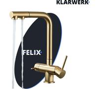 Felix | Batería extractable de tres vías, acabado dorado mate premium | Grifo de cocina para gastronomía con sistema de ósmosis, fabricado en acero inoxidable | Mezclador de 360 grados | Filtro