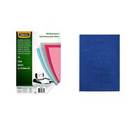 Fellowes Portadas para encuadernar de PVC transparente, formato A4, 200 micras, pack de 100 + Apex 65011 Pack de 100 portadas cartulina imitación cuero A4, color azul