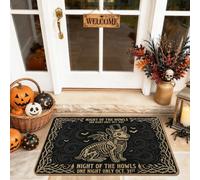 Felpudo de bienvenida con diseño de criatura, remolinos de texto de temporada de Halloween, color negro, lavable, de perfil bajo, para entrada, porche, baño, oficina, 29 x 17 pulgadas