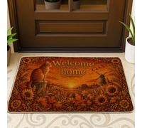 Felpudo de bienvenida con diseño de gato, diseño de girasol rústico otoñal, color naranja, lavable, de perfil bajo, para casa, oficina, exterior, interior, entrada, decoración, 73 x 43 cm