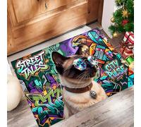 Felpudo Entrada Casa 45X75Cm, Alfombra Antideslizante Con Animales Grafiti Callejero Gafas Sol Moda Gato Siamés Felpudo Suaves Absorbentes Interior Para Perro Cocina Puerta Pasillo, Cian Oscuro