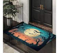 Felpudo Entrada Casa Antideslizante Silueta Oscura Para Interiores | Alfombras Entrada Fino Lavable,Murciélago Árbol Muerto Luna Llena Alfombrilla Absorbente Para Pasillo,50 X 80 Cm,Cian Oscuro