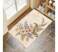 Felpudo Fino Para Interiores, 40X60Cm, Plantas De Estilo Campestre Retro | Alfombra Antideslizante Lavable Para Entrada, Lirios Ingleses Glicinia Felpudo De Perfil Bajo, Atrapa Suciedad, Crema