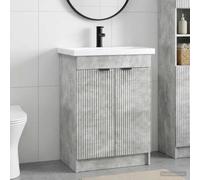 Fengshui Juego de muebles de baño gris hormigón, 78,5 x 37,5 x 81 cm | Lavabo de madera con grifo, espacio de almacenamiento con estantes, diseño moderno