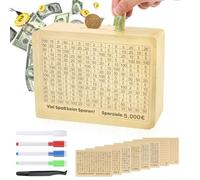 Fentar Hucha de Madera, Retro Caja de Ahorro 10.000 Euros, 500 to 10000 Caja de Ahorro, Personalización Huchas Originales para Adultos Niños, Hucha Ahorro 8 Pinzas de Pegatina Objetivo