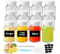 Ferenando 12 Piezas Shots Botellitas 60ml/2oz, Botes Cristal Pequeños Reutilizables con Tapa Hermética, Etiquetas y Cepillo, Portátil Mini Botellas de Cristal para Ginger, Zumos, Whiskey y Especias