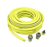 Ferrestock Manguera de Jardín de 15 Metros, 3/4" de grosor (19mm), Antitorsión, PVC Flexible con Refuerzo de Poliéster, 3 Capas, Resistente a los Rayos UVA, Antialgas, Incluye Accesorios