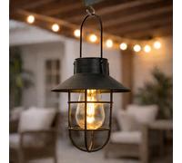 Festive Lights - Farol colgante solar negro de 21 cm con efecto de filamento blanco cálido LED - Aspecto de metal rústico antiguo, clasificación IP44, luz decorativa de jardín para exteriores - Panel