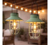 Festive Lights - Paquete de 2 faroles colgantes solares verdes de 21 cm, luces LED con efecto de filamento blanco cálido, aspecto de metal rústico antiguo, clasificación IP44, luz decorativa de jardín