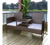 Festnight Banco de Jardín Banco Exterior Sillon Exterior Sofa Exterior Conjunto de Muebles de Jardín de Ratán Mesa y Baúl Integrados Banco Doble Poliratán Sillón Exterior Marrón