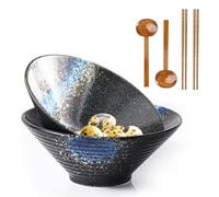 feyiubmen Ramen Cuenco de Cerámica, 2 Juegos Ramen Bowl con Cuchara y Palillos Antideslizante Tazón Japonés Vajilla para Ramen, Ensalada, Muesli, 1000 ml, 20 x 20 x 8 cm