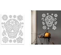 FIESTAS GUIRCA | Adhesivo Glitter Calavera (30x40 cm) - Decoración de Pared, Puerta y Ventana para Halloween y Fiestas de Esqueletos - Ideal para Celebraciones y Eventos - Plata