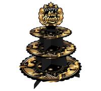 FIESTAS GUIRCA | Bandeja de 3 Pisos Happy New Year (40x30 cm) - Decoración de Mesa para Fiestas de Fin de Año y Celebraciones - Ideal para Navidad y Año Nuevo - Negro Oro