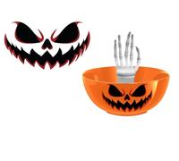FIESTAS GUIRCA | Bol Calabazas con Mano Esqueleto (25 cm) - Decoración Reutilizable para Halloween y Oktoberfest - Ideal para Celebraciones Temáticas - Naranja y Blanco