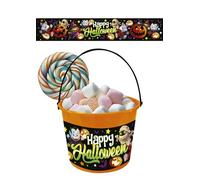 FIESTAS GUIRCA | Cesta Happy Halloween (18x16 cm) - Accesorio para Truco o Trato - Ideal para Niños y Niñas en Fiestas de Disfraces y Celebraciones - Naranja y Negro
