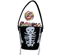 FIESTAS GUIRCA | Cubo Calabaza de Fieltro Negra Esqueleto (12x8 cm) - Accesorio para Truco o Trato y Decoración de Halloween - Ideal para Fiestas y Celebraciones - Negro y Blanco