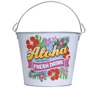 FIESTAS GUIRCA | Cubo Metálico Aloha Reutilizable (19x23 cm) - Decoración de Mesa para Fiestas de Verano y Graduación - Ideal para Temáticas Hawaianas y Celebraciones - Blanco