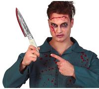 FIESTAS GUIRCA | Cuchillo Cocina con Sangre de Mentira (33 cm) - Accesorio de Disfraz para Halloween, Carnaval, Oktoberfest y Fiestas Temáticas de Cocinero - Adulto Infantil - Plata Beige Rojo