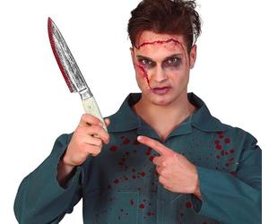FIESTAS GUIRCA | Cuchillo Cocina con Sangre de Mentira (33 cm) - Accesorio de Disfraz para Halloween, Carnaval, Oktoberfest y Fiestas Temáticas de Cocinero - Adulto Infantil - Plata Beige Rojo