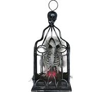 FIESTAS GUIRCA | Esqueleto Búho en Jaula con Luz, Sonido y Movimiento (33 cm) - Decoración de Halloween para Fiestas de Terror y Celebraciones - Ideal para Ambientes Espeluznantes - Beige