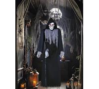 FIESTAS GUIRCA | Esqueleto con Túnica y Sonido (250 cm) - Decoración de Halloween con Movimiento y Efectos para Fiestas de Terror y Celebraciones - Ideal para Ambientes Espeluznantes - Negro