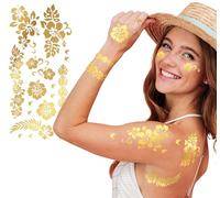 FIESTAS GUIRCA | Tatuajes Temporales Oro Flores (14x30cm) - Maquillaje FX para Disfraces de Zingaras y Videntes - Ideal para Halloween y Carnaval - Adulto Unisex - Oro