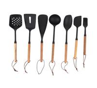 FILFEEL Juego de Utensilios de Cocina de Silicona de 7 Piezas con Mangos de Madera - Espátula Antiadherente Térmica Cuchara Giratoria Cucharón Servidor de Pasta Cepillo para Freír Voltear Servir