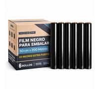 Film Negro para embalaje, Rollo de Film Elástico Manual Industrial, rollo embalaje negro, Grosor de 23 micras extra fuerte, 50 cm de ancho x 200 Metros largo, Contiene 6 rollos