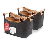 FINEW Cesta de madera para leña de chimenea, 2 unidades, 90 L, con guantes, 60 x 40 x 40 cm, gran cesta de fieltro para guardar leña, periódicos, madera, juguetes
