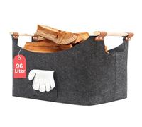 FINEW Cesta de madera para leña de chimenea de 90 L, con guantes, 60 x 40 x 40 cm, gran cesta de fieltro para guardar leña, periódicos, madera