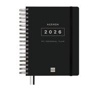 Finocam - Agenda 2026 1 Día Página | Enero - Diciembre (12 meses) | Agenda Anual 2026 con goma elástica y 2 cintas punto | Espiral Doble Tapa Dura Tempus - Negro - Español