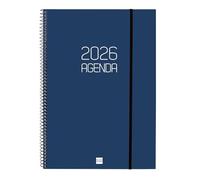 Finocam - Agenda Espiral 2026 Semana Vista Horizontal | Enero - Diciembre (12 meses) | Agenda A4 Anual 2026 con goma | Tapa de polipropileno Espiral Basics Opaque - Azul - Catalán